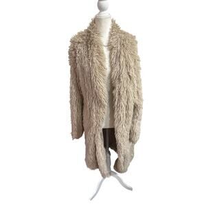 Angie Faux Fur Beige Shag Long Jacket with Front Clasp, Size XL